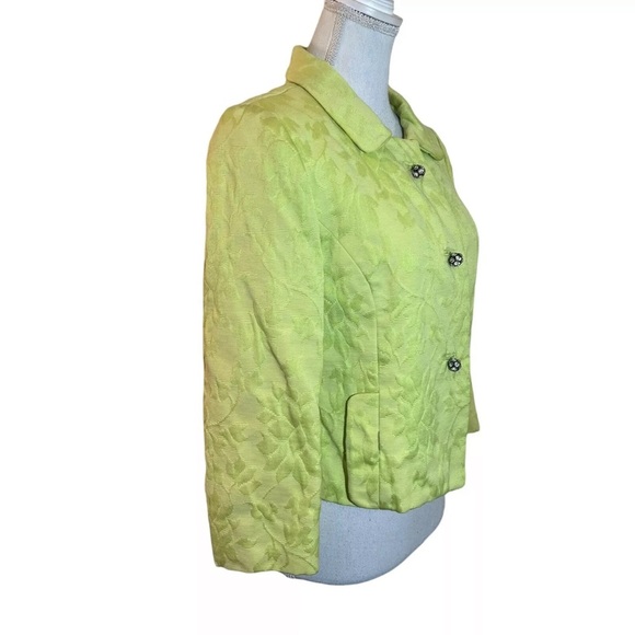 Rappi Green Vintage 60s Jacket Textured Flower Pattern Snap Rhinestone Buttons - Picture 3 of 11